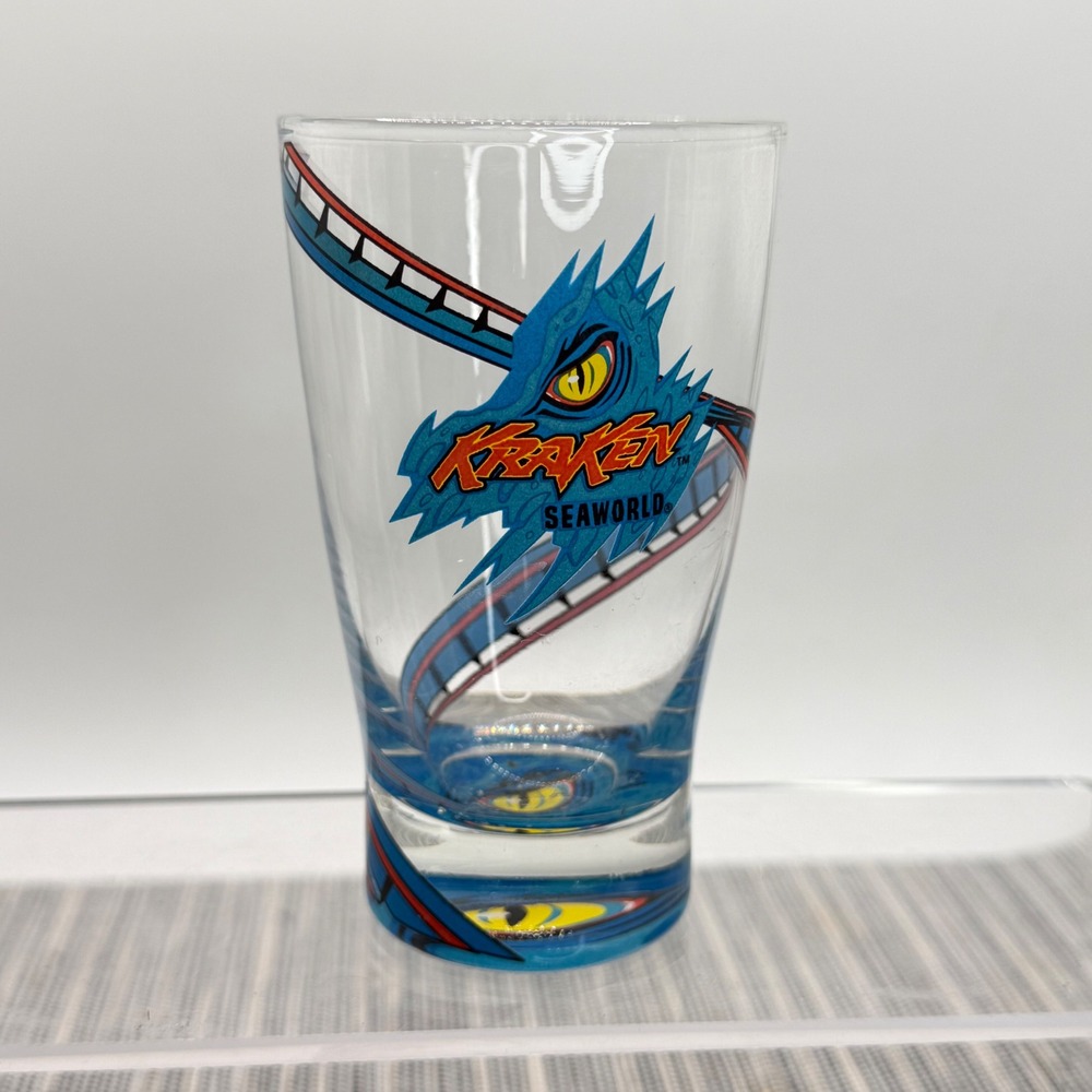 SeaWorld‎ Orlando Kraken Roller Coaster Souvenir Shot Glass Clear Blue Red Eye